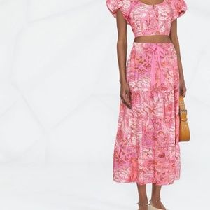 Ulla Johnson Makana pink floral-print tiered midi skirt